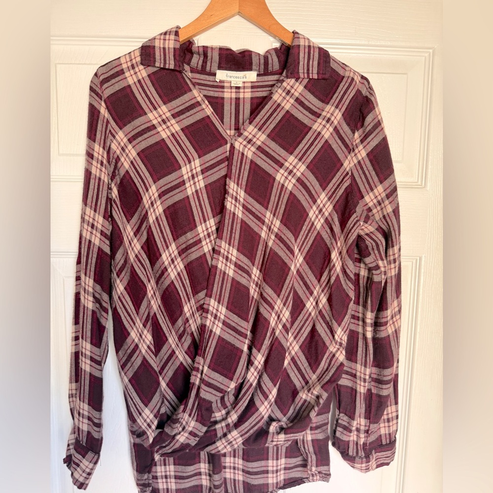 Francesca’s Burgundy Faux Wrap Plaid Top